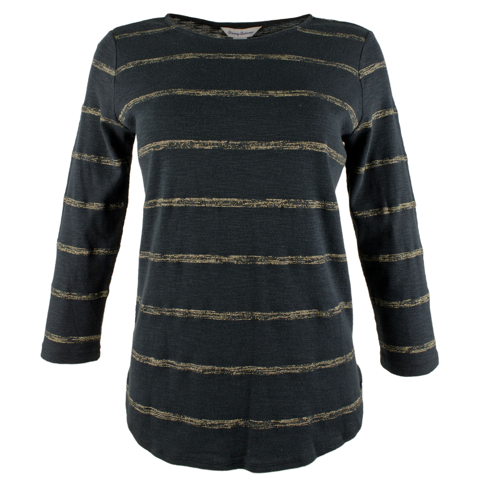 Tommy Bahama Women's Ashby Metalic Stripe 3/4 Sleeve T-Shirt Blck X-Small